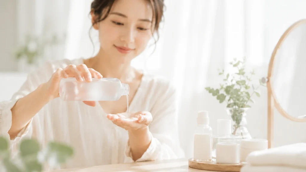 手元で化粧水やクリームをやさしくなじませるイメージ