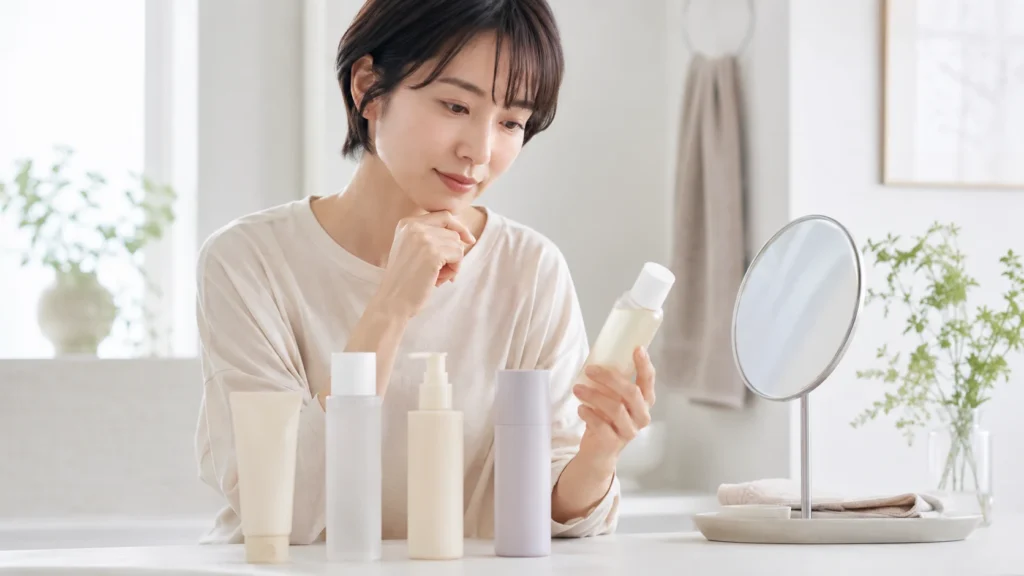 無地のスキンケア用品を並べて比較するイメージ