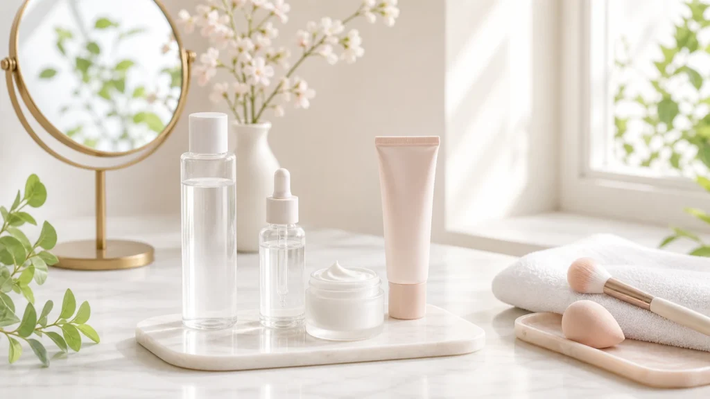 朝の自然光の中で保湿アイテムと日焼け止めを並べた洗面台